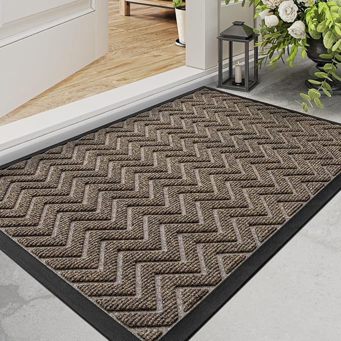 DEXI Front Door Mat Outside Entrance, 2x3 ft Rubber Entry Doormat Heavy Duty, Welcome Mats Non Slip for Inside House Floor Entryway Back Doors Exterior Patio, Chevron Brown