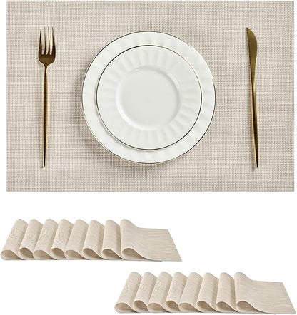 Leetaltree Beige White Placemats Set of 16 - Heat Resistant Non-Slip Place mats for Dining Table, Washable Durable PVC Vinyl Woven Table Mats(Beige White, 16)