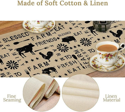 Farm Animals Table Runner, Rustic Farmhouse Cow Pig Rooster Coffee Table Center Decor for Home Kitchen Dining Patio Holiday Party Indoor Outdoor Table Decorations, 13"x90" Inch