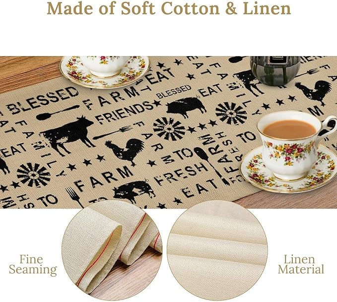 Farm Animals Table Runner, Rustic Farmhouse Cow Pig Rooster Coffee Table Center Decor for Home Kitchen Dining Patio Holiday Party Indoor Outdoor Table Decorations, 13"x72" Inch