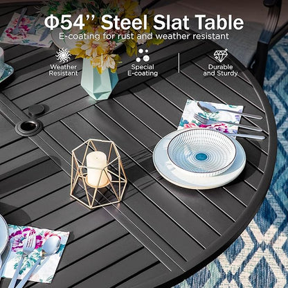 PHI VILLA 7 Pieces Patio Dining Set, Outdoor Round Table and Chairs for 6, 52" Round Dining Table with Umbrella Hole & 6 Heavy Metal Wicker Chairs with Thick Cushions