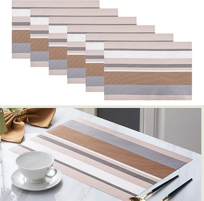 Set of 6 Colorful Striped Vinyl Placemats Heat-Resistant Washable Placemats Non-Slip Woven Table Mats Wipeable Placemat for Kitchen Dining Table Decoration Indoor Outdoor (Beige&Ivory)
