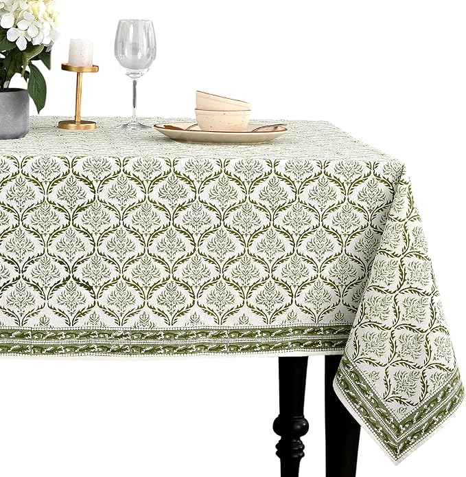 CPC Fern Regal Tablecloth 100% Cotton 60x90 Inch Indian Block Print Rectangle Table Cover, Table Cloth for Gifting in Weddings, Halloween, Fall, Christmas, Thanksgiving