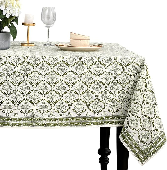 CPC Fern Regal Tablecloth 100% Cotton 60x60 Inch Indian Block Print Rectangle Table Cover, Table Cloth for Gifting in Weddings, Halloween, Fall, Christmas, Thanksgiving