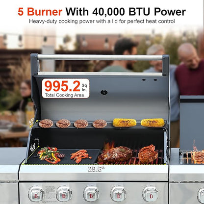 Brand-Man Outdoor Kitchen Island – 5-Burner Gas Grill & Griddle Combo with 800°C Infrared Sear Zone, Dual-Zone Cooktop, Sink & Storage, 995 sq.in Cooking Area, 67,000 BTU Stainless Steel BBQ Station