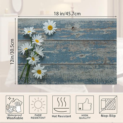 Vintage Blue Wood Panel Placemats Set of 6,White Daisy Table Mats Non-Slip Heat Resistant Washable Placemat for Party Kitchen Dining Table Decoration Indoor Outdoor