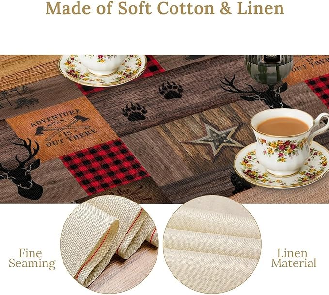 Vintage Bear Deer Table Runner, Rustic Western Farmhouse Hunting Theme Wildlife Animal Checkered Table Runner for Outdoor Dining Kitchen Camping Party 13x60in