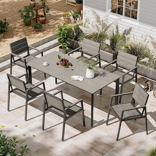 Patio Table and Chairs Set, 7 Piece Outdoor Dining Set with Umbrella Hole, HDPS + Aluminum Patio Furniture Set for Garden (Gray)