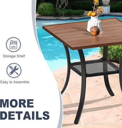 VICLLAX Patio Dining Table, Square Table Metal Outdoor Bistro Table with Rack for Balcony Garden Deck, 28inch Walnut