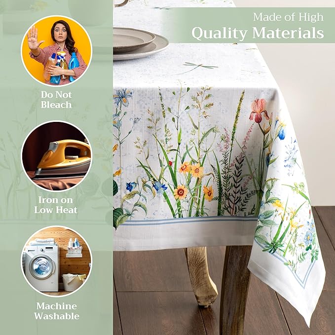 Maison d' Hermine Table Cloth Rectangle Table 100% Cotton 60 x 120 Inches Tablecloth Reusable Decorative for Dining Room, Farmhouse, Home, Party, Festive & Wedding Spring Summer - Fleurs De Mai