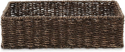 Casafield Set of 2 Bathroom Storage Baskets, Espresso - Seagrass, 16" W x 6.75" D x 4.25" H, Woven Toilet Tank Topper Bins for Organizing Tissues, Toilet Paper, Toiletries, Shelves