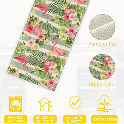Flamingo Palm Leaf Hibiscus Table Runner Dresser Scarves Seasonal Linen Tablerunner for Indoor Outdoor Kitchen Home Party Holiday Dining Table Decor 13 X 70 Inch