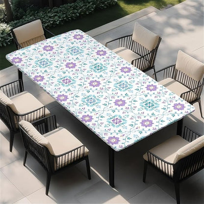 Rectangle Table Cloth Cover Waterproof Elastic Fitted Polyester Fitted Tablecloths for 4 Foot Tables for Indoor,Picnic, Camping, Outdoor （48" x 24"，Geometric Flowers）