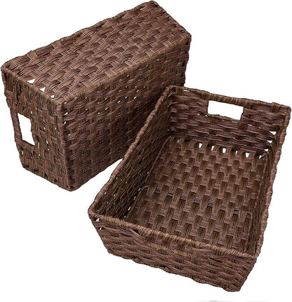 Large Wicker Storage Basket, Metal Frame, Set of 2, Washable Waterproof, 15" x 10.3" x 5.2", Brown Color, Woven Basket for Pantry, Toilet, Bathroom, Bedroom, Patio