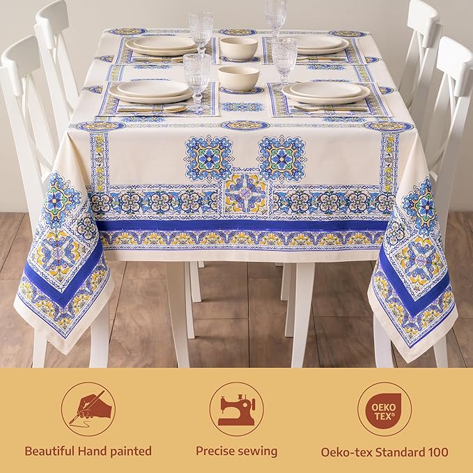 Maison d' Hermine Premium Table Cloth Rectangle Table 100% Combed Cotton 140 x 70 Inches Tablecloth Reusable Decorative for Dining Room, Farmhouse, Home, Party, Festive & Wedding - Sciacca