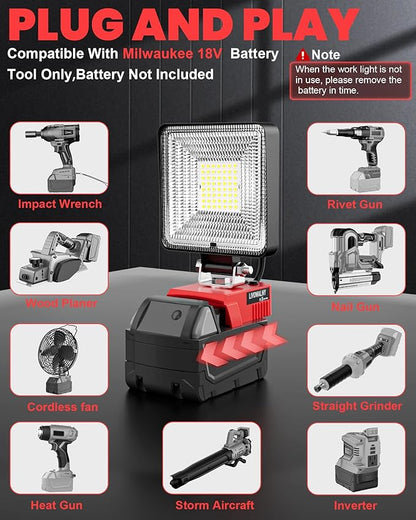 LIVOWALNY 2PCS 30W Cordless LED Work Light Compatible with Milwaukee 18V Battery, 3000LM Portable Flashlight with USB & Type-C Output Port, Flood Light Low Voltage Protection, Battery Not Included
