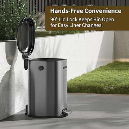 MRBIN Stainless Steel Dog Poop Trash Can with Lid, 5 Gal Round Pet Outdoor Waste Basket with Plastic Inner Bucket, Step Garbage Pail for Outside Patio, Yard, Garage, Eclipse Grey