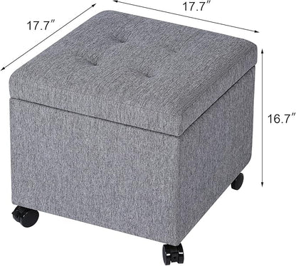 Homebeez Multifunctional Space-Saving Linen Storage Ottoman with 360° Rolling Wheels, 17.7" Square Tufted Cube Footstool with Hinged Lid, Holds 300 lbs, for Living Room, Bedroom, Entryway, Grey
