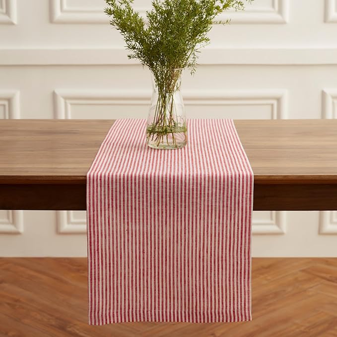 Solino Home Linen Table Runner 36 Inches - Narrow Stripe, 100% Pure Linen Red and White Small Table Runner 14 x 36 Inch Ideal for Dresser and Coffee Tables - Valentines, Winter, Spring, Easter