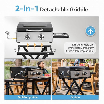 GREEN PARTY 2 Burner BBQ Propane Gas Griddle with Collapsible Stand, 18 Inch Portable Griddle with Side Table & 253 Sq. In. Cooking Area, Flat Top Gas Grill for Outdoor Cooking Garden Patio Backyard