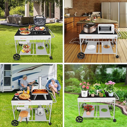 Outdoor Pizza Oven Table for Ninja Woodfire, Blackstone Tabletop Grill, Portable Grill Cart & Food Prep Work Table, Movable Pizza Oven Cart for Backyard BBQ and Patio Parties