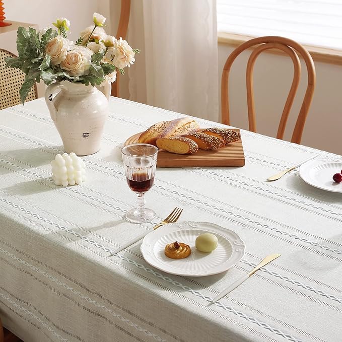 Chassic 60 x 104 inches Farmhouse Style Linen tablecloths, Wrinkle Resistant Washable Dining Room Table Cloths for 6 Foot Rectangle Tables - Hemstitch Beige