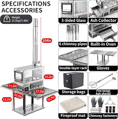 Heavy Duty M8 Wood Burning Stove with Oven, 2100 Cu In Large Firebox, 4 Air Inlets, Stainless Steel, Foldable Base & Ash Drawer, 6-Piece Chimney Pipe Kit for Outdoor Cooking, Camping, Off-Grid