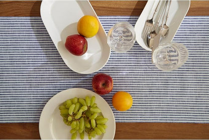 Solino Home Linen Table Runner 48 Inches - Narrow Stripe 100% Pure Linen Navy and White Table Runner 14 x 48 Inch Ideal for Dresser and Coffee Tables - Winter, Spring, Easter