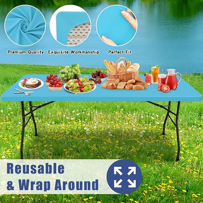 Spandex 6 Foot Rectangle Table Cloth 6 Pack, Elastic Fitted Tablecloths for Picnic, Stretch Washable Patio Table Cover for Outdoor, Camping, Banquet and Parties (Blue Mist, 30"x72")