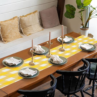 Fabric Checkered Table Runner 6 Pack Waterproof Gingham Table Runner 14W x 108L Buffalo Check Table Runners for Parties Kitchen Dining Wedding Banquet (Yellow and White)