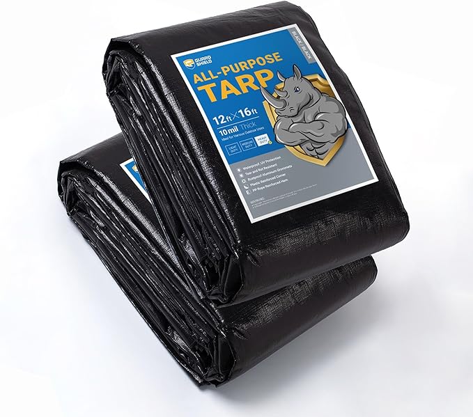 GUARD SHIELD Tarps Heavy Duty Waterproof 12x16 Feet Black Poly Tarp Cover Outdoor Thick UV Resistant Tarpaulin with Grommets 10mil (2-Pack)