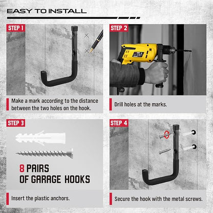SEDY Heavy Duty Garage Storage Hook: 4-Piece 6" Wall Mount J Utility Hooks Holds 88 LB, Large Metal Garage Storage Ladders Hook, Utility Hooks for Bikes, Garden Tools