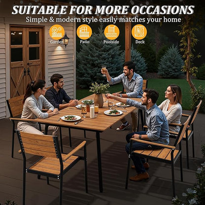 70" Patio Outdoor Dining Table for 4-6, Weather-Resistant Wood-Grain Top with Aluminum Frame & Umbrella Hole for Deck Gatherings, Brown