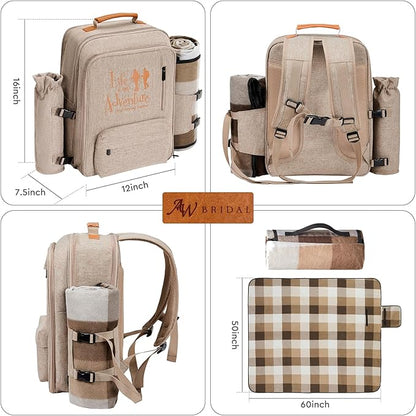 24L Insulated Picnic Basket Leak Proof Picnic Backpack for 2, Light Brown Camping Gifts, Cool Bridal Shower Gifts for Bride & Groom, Mr & Mrs, Anniversary Engagement Wedding for Newly Engaged Couples