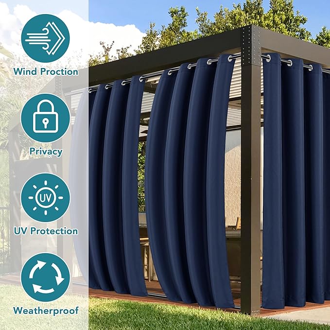 HolidayIdeas Outdoor Curtains for Patio Waterproof-4 Panels Windproof Weatherproof Privacy Curtains-Grommet Top and Tab Bottom Drape for Gazebo, Porch, Pergola, Cabana, Backyard 54x95 Inch Navy