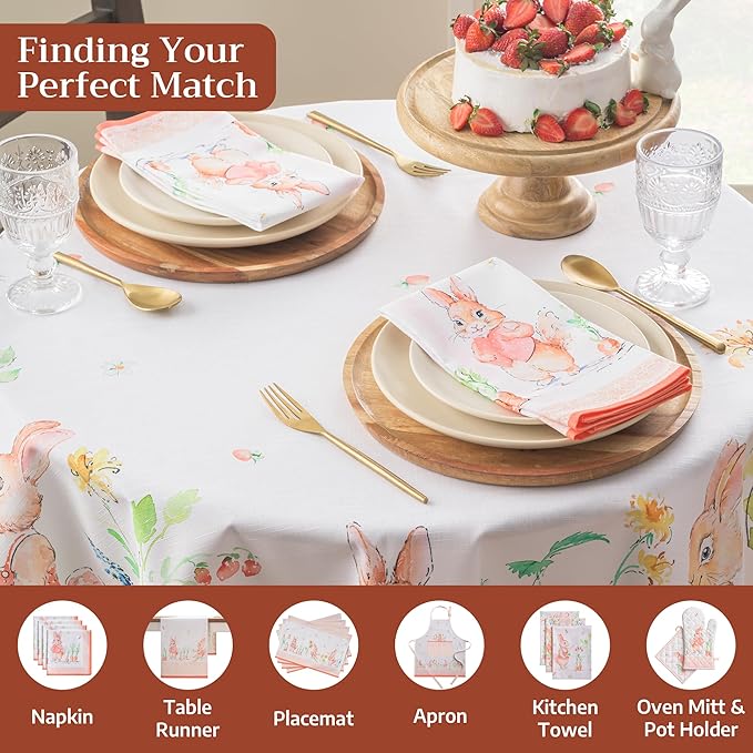 Maison d'Hermine Table Cloth Round Table 100% Cotton Tablecloth for Dining Room, Farmhouse, Home, Hotel, Parties & Wedding - Ideal for Easter Decorations Spring & Summer (Bunny Party, 63" Round)