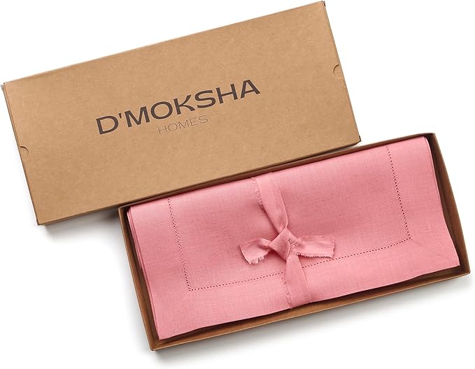 D'Moksha Homes Linen Dusty Pink Table Runner 60 Inches - Classic Hemstitch, 100% Pure Linen Coffee Table Runner 14 x 60 Inch Ideal for Dresser Tables, Valentines, Spring, Easter