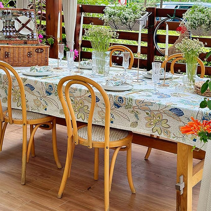 Spring Summer Ourdoor Table Cloth, Spillproof Waterproof Rectangle Tablecloth, Polyester Cotton Fabric Block Print Dining Table Cover for Easter Farmhouse Ourdoor 108''x60'' - Green Flowers