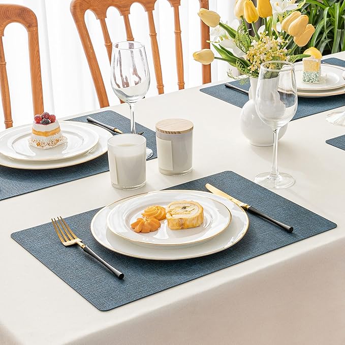 Romanstile Vinyl Placemats Set of 4-12 X 17 Inch - Heat Resistant Place Mats 100% Waterproof Oilproof Wipeable Reversible Faux Leather Table Mats for Kitchen, Dining, Party, Outdoor, Navy Blue
