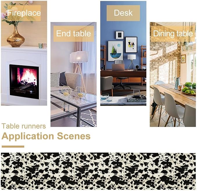 Cow Print Table Runner, Black White Animal Fur Skin Rustic Cowhide Pattern Table Runner for Kitchen Farmhouse Dining Home Outdoor Party 13x120in