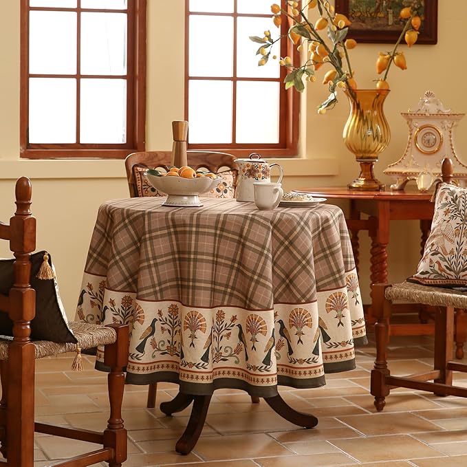 Vintage Brown Checkered Round Tablecloth,Italian Style Wrinkle Resistant Linen Tablecloths,Decor Table Cover for Kitchen,Dining,Tea Party,Thanksgiving,Christmas,Diameter 67"-Seville