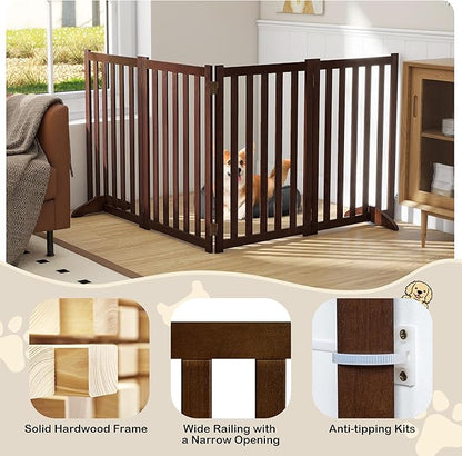 30" Height Tall Freestanding Pet Gate, Solid Wood Folding Safety Fence Wooden Dog Gate with 2 PCs Support Feet Ideal for Stairs, Doorways, Halls, Kitchens, Heavy Duty Gates, 4 Panels, Walnut