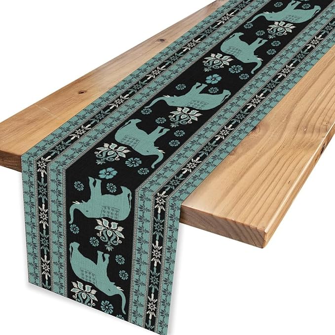 African Tribal Table Runner, Boho Elephants Tribal Traditional Indian Diwali Animal Blue Ethnic Rustic Coffee Table Center Decor for Home Kitchen Holiday Party Outdoor Table Decorations, 13"x108"
