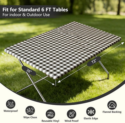 Rectangle Picnic Table Cloth, Elastic Waterproof Fitted Vinyl Tablecloths for 6 Foot Tables, Wipeable Flannel Backed Table Covers for Dining, Camping, Outdoor(Black Plaid,36"x72")