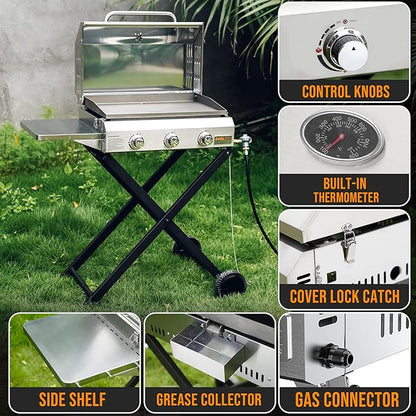 Portable Propane Gas Griddle 3-Burner with Foldable Cart & Side Table, Flat Top Gas Grill Griddle Stove with Lid, for Outdoor Cooking Patio Backyard Camping RV Tailgating Beach, GS310