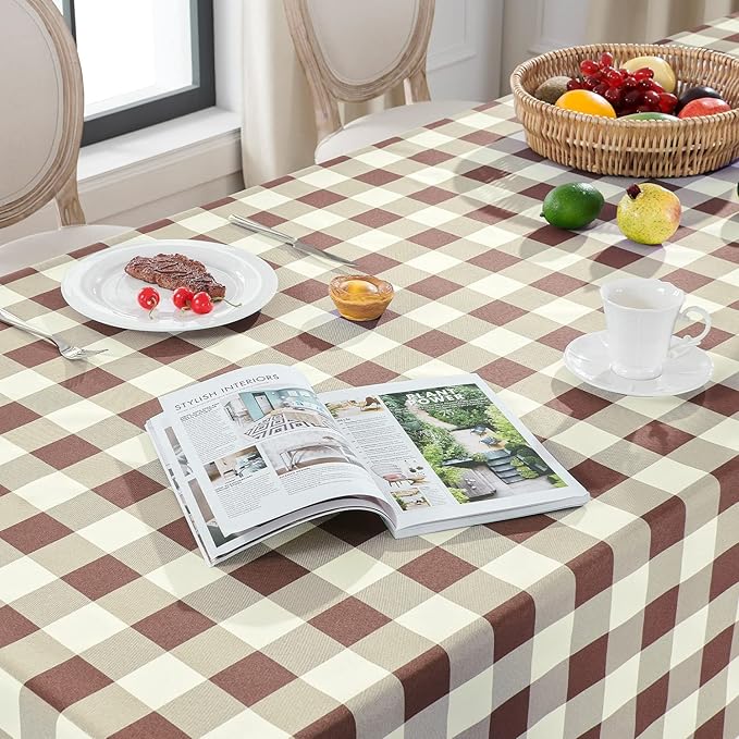 Softalker Gingham Checkered Tablecloth Rectangle - Outdoor Waterproof Buffalo Plaid Table Cloth, Stain Resistant Washable Table Cover for Picnic, Camping, Dining - Coffee and White, 60 x 102 Inch
