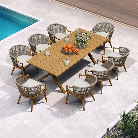 PURPLE LEAF 9 Pieces Outdoor Dining Set All Weather Wicker Patio Dining Set with Rectangular Aluminum Table and Modern Armrest Dining Chairs for Garden Deck Backyard Kitchen, Teak