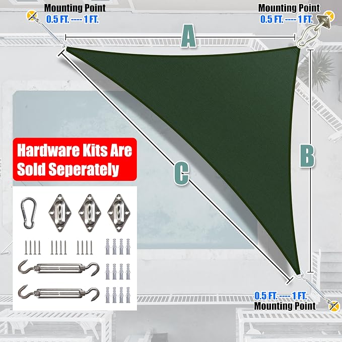 Amgo Custom Size 12' x 19' x 22.5' Green Right Triangle Sun Shade Sail UPF50+ - Image 6