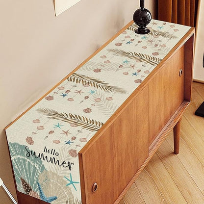Nautical Coastal Table Runner, Rustic Starfish Seashells Tropical Leave Ocean Beach Hello Summer Farmhouse Coffee Table Center Decor for Home Kitchen Dining Patio Outdoor Table Decorations, 13"x108"