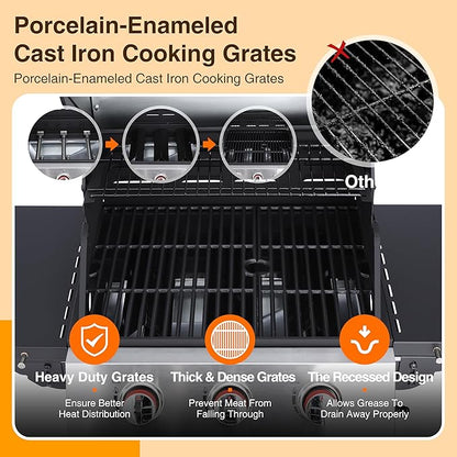 Propane Gas BBQ Grill, Upgraded 30,000 BTU Stainless Steel Barbecue Grill with Foldable Side Tables, Spice Rack & Wheels for Outdoor Cooking(3 Burner grill)